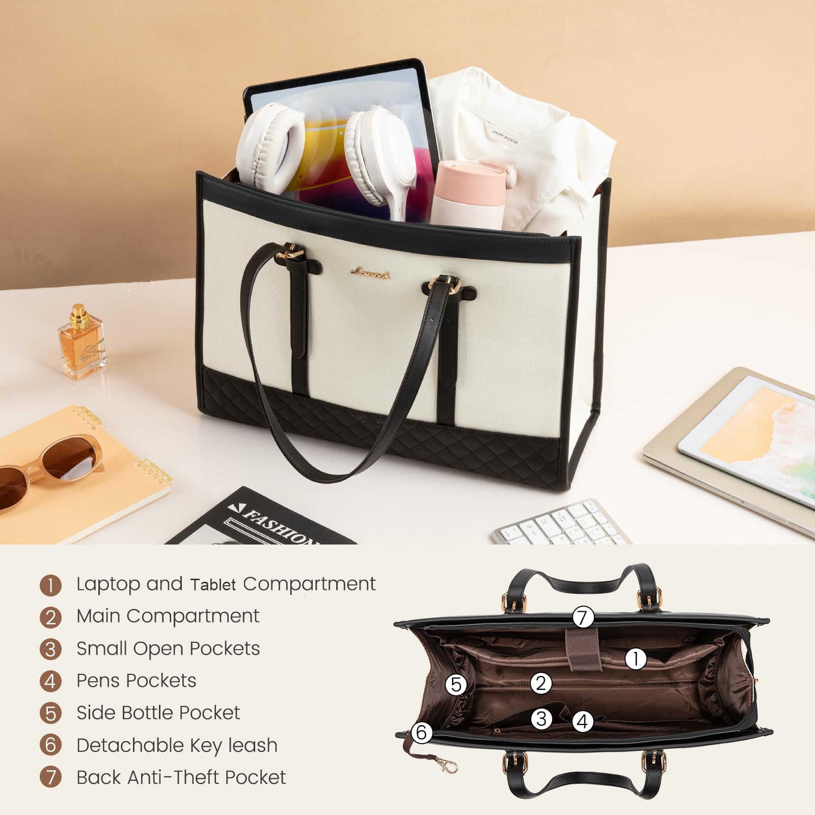 LOVEVOOK Women's makeup travel case, 17.3" - Spacious Work & Travel Briefcase with Clutch Purse, Durable Synthetic Synthetic Leather, Scent-Free, Campus Handbag | Quilted Exterior | Synthetic Synthetic Leather Bag